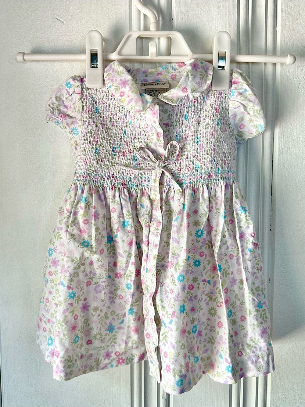VTG Laura Ashley White Floral Smocked Baby Dress with Pink & Blue Accents